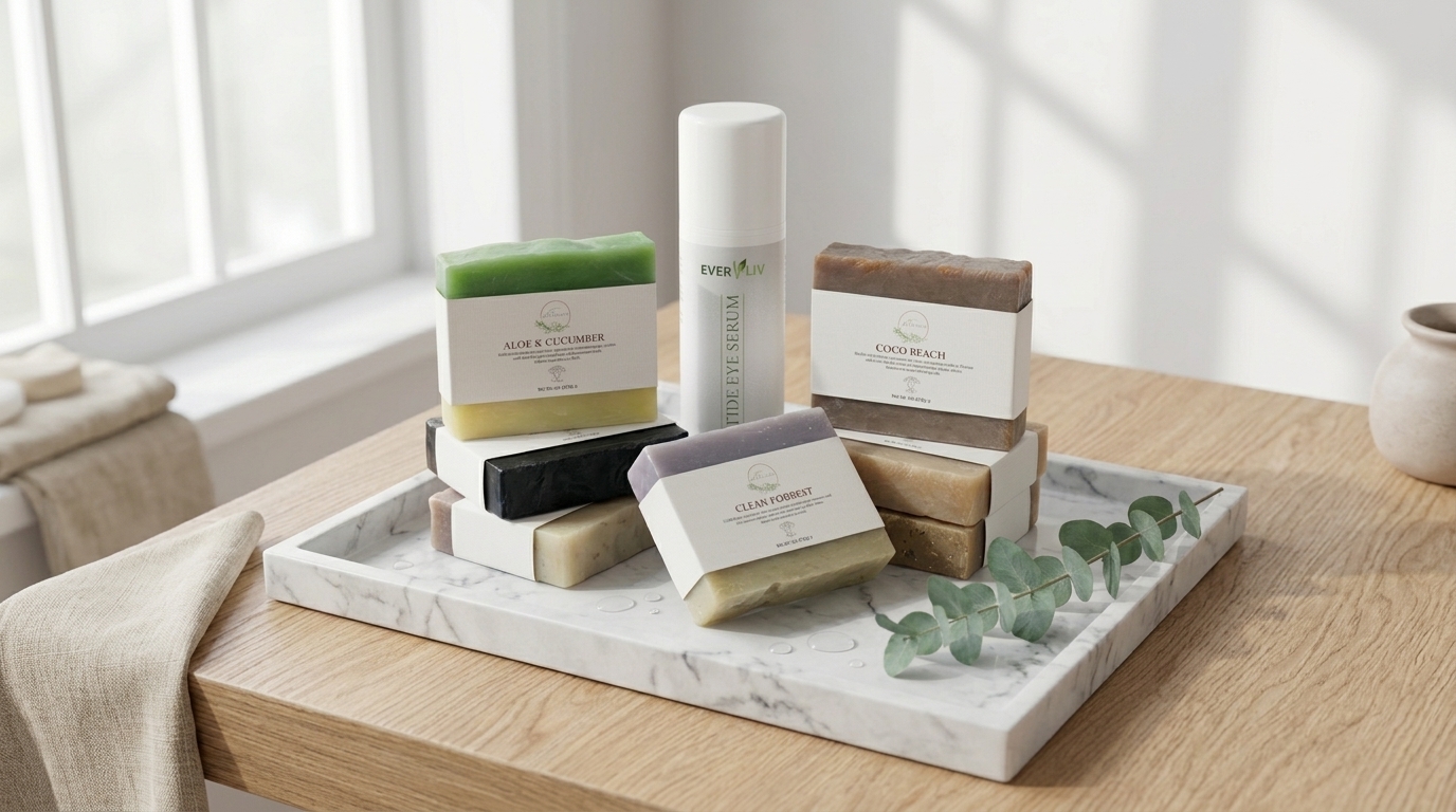 EverLiv natural soaps and peptide eye serum on a marble tray