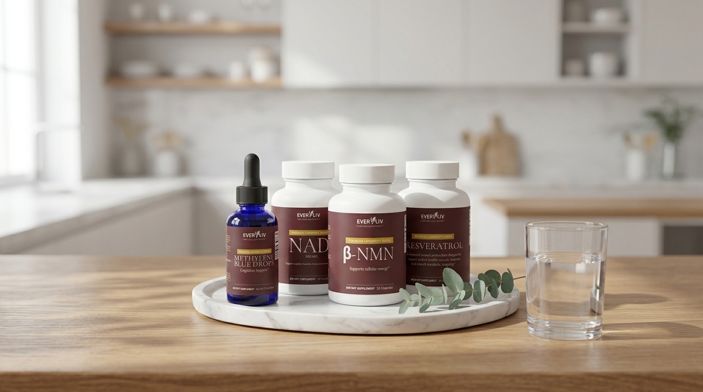EverLiv longevity supplements — NAD+, β-NMN, Resveratrol and Methylene Blue on a kitchen counter