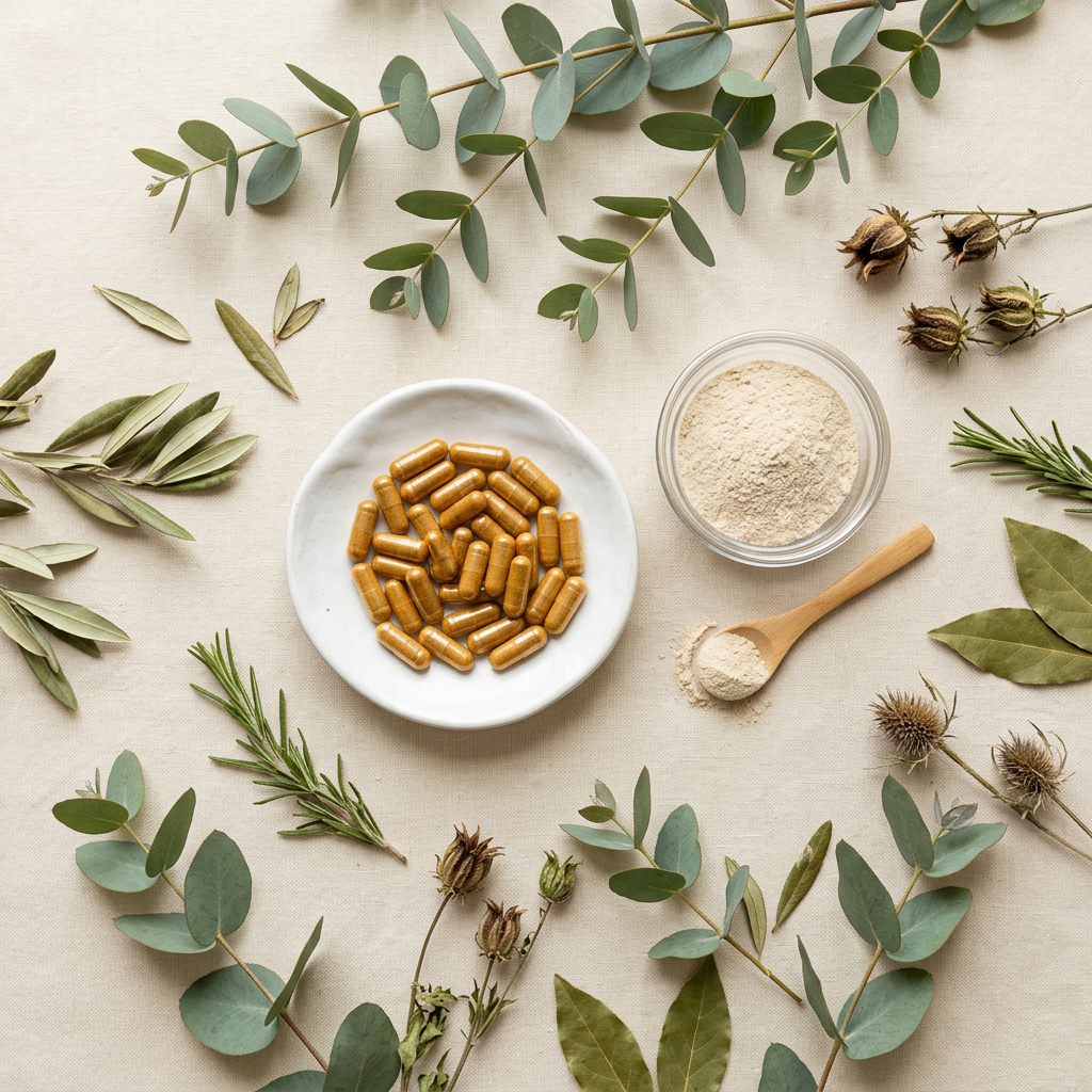 EverLiv supplement capsules flat lay with botanicals